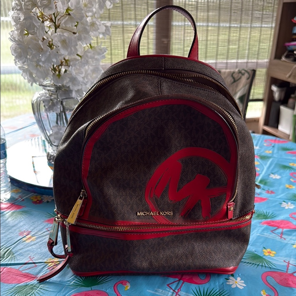 Michael Kors Brown and Red Logo Backpack